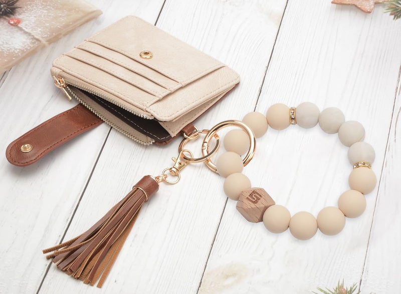 COOLANS Wristlet Bracelet Keychain Pocket Credit Card Holder Purse Tassel Keychain Bangle Key Ring for Women (Silicone Bead Bracelet+Card Purse (Brown&White)) - Image 4